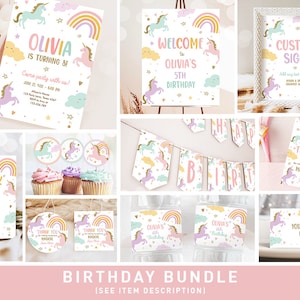 Unicorn Birthday Invitation Bundle Magical Party Rainbow Birthday Pink Girl Package 1st Pastel Party Pack Printable Corjl Template 0426