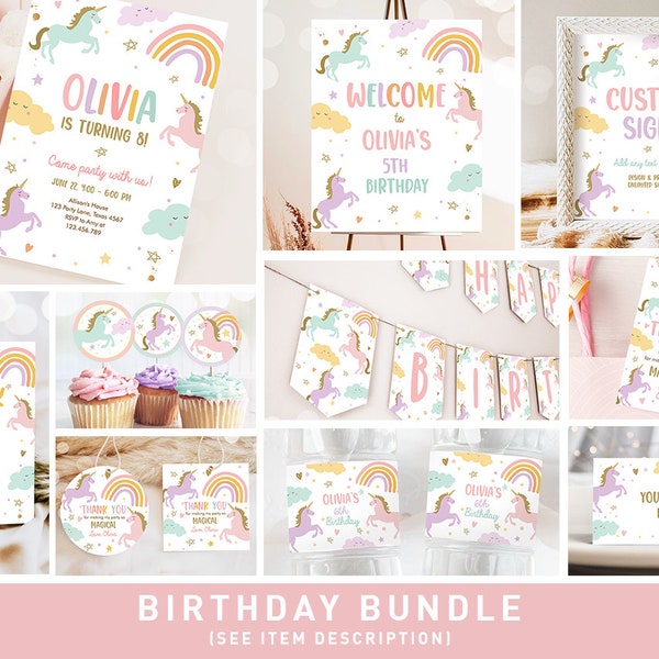 Unicorn Birthday Invitation Bundle Magical Party Rainbow Birthday Pink Girl Package 1st Pastel Party Pack Printable Corjl Template 0426