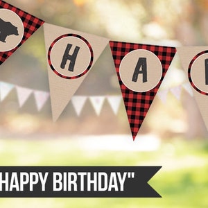 Happy Birthday Banner Lumberjack Birthday Banner Bear Buffalo Plaid Red Black Forest Animals Instant download PRINTABLE DIGITAL DIY 0026