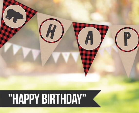 Happy Birthday Banner Lumberjack Birthday Banner Bear Buffalo Plaid Red ...