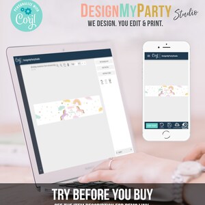 May include: A laptop screen displaying a design template for a unicorn birthday party banner. The template is customizable with text and images. The screen is showing a preview of the banner with a rainbow, clouds, and a unicorn. The text on the banner says "Happy Birthday". The laptop is on a desk with a hand hovering over the keyboard. The text "TRY BEFORE YOU BUY" is displayed below the laptop. The text "SEE THE ITEM DESCRIPTION FOR DEMO LINK" is displayed below the text "TRY BEFORE YOU BUY".