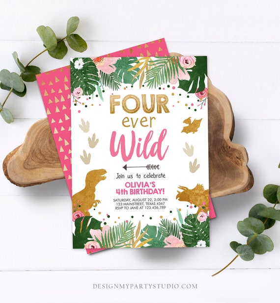 Editable Four Ever Wild Birthday Invitation Dinosaur Dino Party Girl 4th Fourth Birthday Pink Gold Fourever Corjl Template Printable 0146 Il_570xn