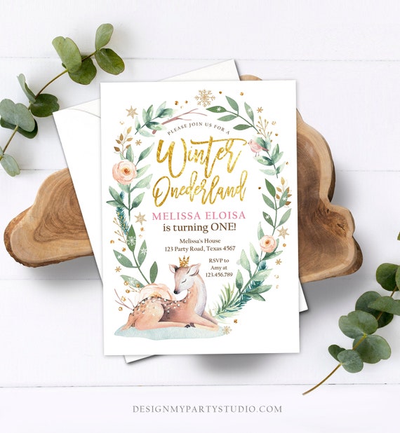 Editable Winter ONEderland Birthday Invitation Deer First Birthday Snowflakes Girl Pink Gold Foil Printable Invitation Template Corjl 0265 Il_570xn
