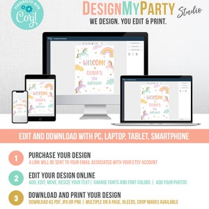 K&ouml;nnte beinhalten: Eine digitale Designvorlage f&uuml;r eine Geburtstagsparty zum Thema Einhorn. Das Design zeigt einen Regenbogen, Wolken und Einh&ouml;rner mit dem Text "Willkommen zu Olivia's 5th Birthday".