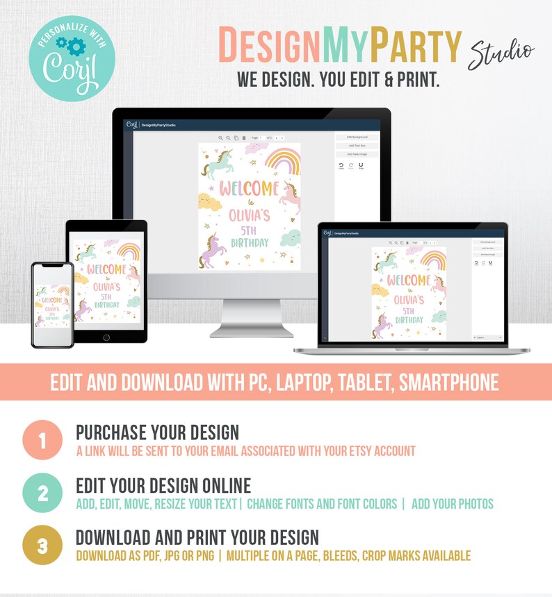 K&ouml;nnte beinhalten: Eine digitale Designvorlage f&uuml;r eine Geburtstagsparty zum Thema Einhorn. Das Design zeigt einen Regenbogen, Wolken und Einh&ouml;rner mit dem Text "Willkommen zu Olivia's 5th Birthday".