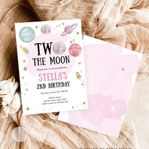 May include: A pink and white invitation with gold glitter stars and planets. The text reads "Two the Moon, Please join us as we celebrate Stella's 2nd Birthday, Saturday, January 22, 2:00 PM, Stella's House, 123 Port Lane, Texas 4567, RSVP to Amy at 123.456.789".