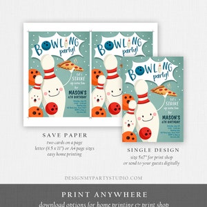 May include: A printable invitation for a bowling-themed birthday party. The invitation features a blue background with cartoon bowling pins and a bowling ball. The text on the invitation reads "Bowling Party! Let's Strike Up Some Fun For Mason's 6th Birthday".