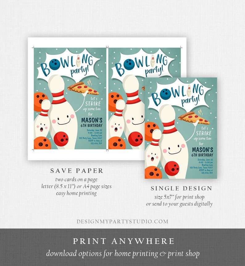 May include: A printable invitation for a bowling-themed birthday party. The invitation features a blue background with cartoon bowling pins and a bowling ball. The text on the invitation reads "Bowling Party! Let's Strike Up Some Fun For Mason's 6th Birthday".