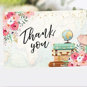 Reisen Sie danke Karte Abenteuer danke Hinweis 4 x 6" Brautdusche Rosa Floral Gold Blumen Reisen Instant Download Digital Printable 0030