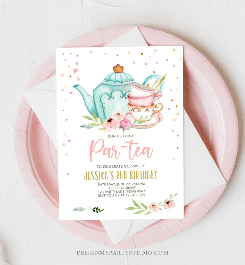 May include: A pink and blue tea party invitation with a teapot and teacups. The invitation says "Join us for a Par-tea to celebrate our sweet Jessica's 2nd Birthday".