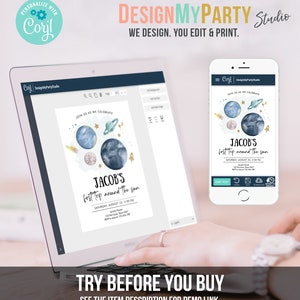 May include: A digital mockup of a blue and gold space-themed birthday invitation with the text "Jacob's first trip around the sun" and a watercolor illustration of planets and stars. The invitation is displayed on a laptop screen and a smartphone.