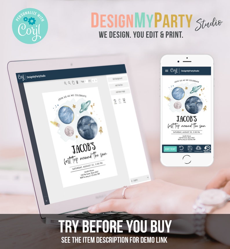 May include: A digital mockup of a blue and gold space-themed birthday invitation with the text "Jacob's first trip around the sun" and a watercolor illustration of planets and stars. The invitation is displayed on a laptop screen and a smartphone.