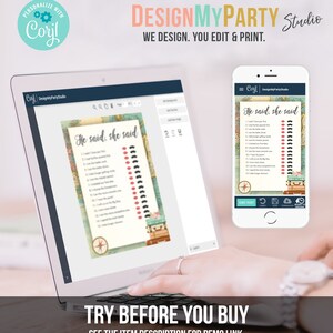 May include: A digital screen displaying a printable "He said, she said" game with a travel theme. The game features a list of questions with check boxes for "He said" and "She said". The screen is on a laptop computer with the text "TRY BEFORE YOU BUY" and "SEE THE ITEM DESCRIPTION FOR DEMO LINK" below the screen.