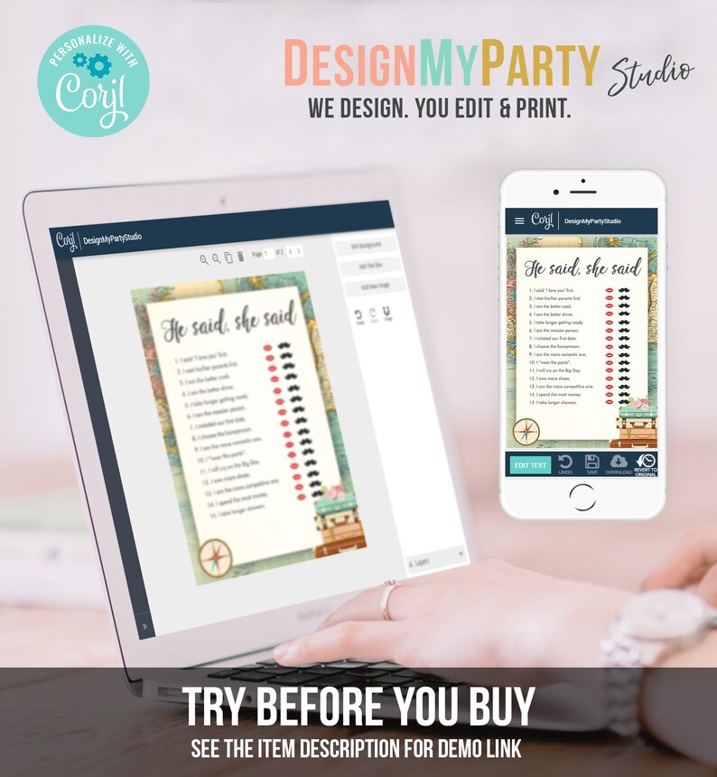 May include: A digital screen displaying a printable "He said, she said" game with a travel theme. The game features a list of questions with check boxes for "He said" and "She said". The screen is on a laptop computer with the text "TRY BEFORE YOU BUY" and "SEE THE ITEM DESCRIPTION FOR DEMO LINK" below the screen.