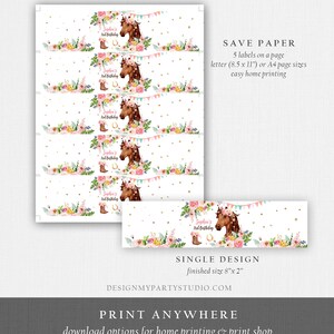 May include: Printable 8x2 inch labels featuring a horse with a floral crown and the text "Sophie's 3rd Birthday". The labels are designed for easy home printing and can be used for party favors, gifts, or decorations.