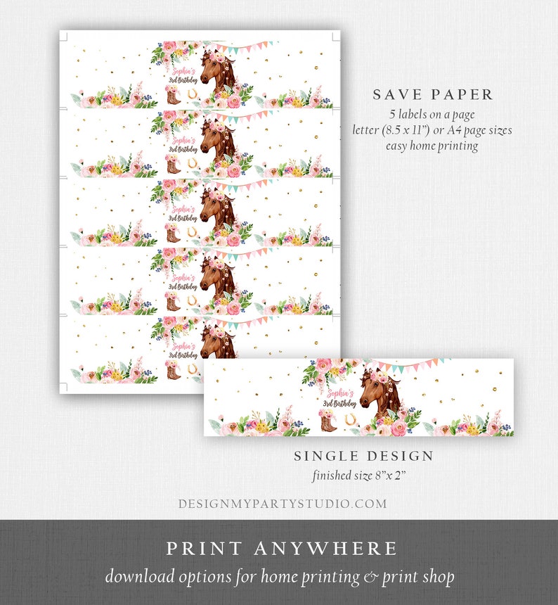 May include: Printable 8x2 inch labels featuring a horse with a floral crown and the text "Sophie's 3rd Birthday". The labels are designed for easy home printing and can be used for party favors, gifts, or decorations.
