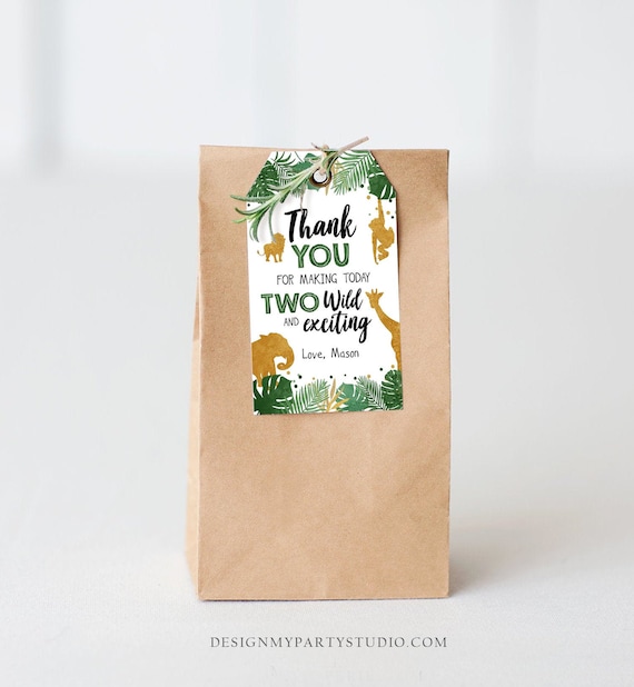 Editable Two Wild Safari Animals Favor Tag Second Birthday Jungle Zoo Animals Thank You Tag Boy Green Gold Digital Template Printable 0016