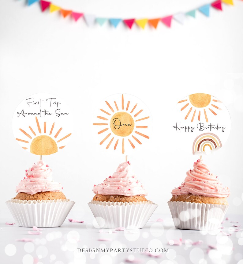 Sun Birthday Cupcake Toppers First Trip Around the Sun Favor Tags Sunshine Party Little Sunshine Decor 1st Download Digital PRINTABLE 0431 image 2