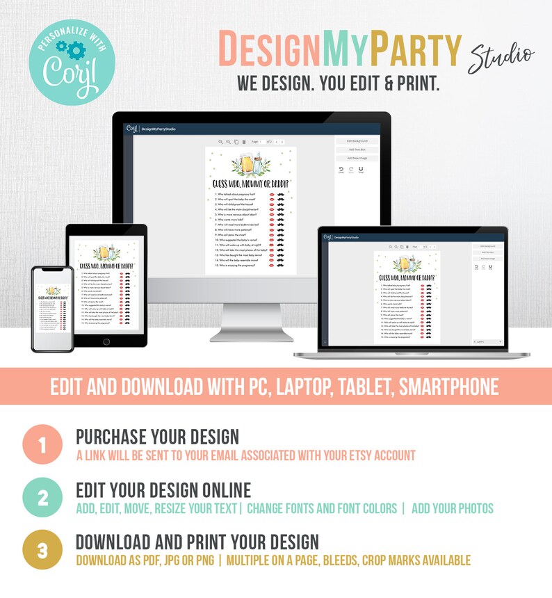 May include: A digital mockup of a printable game card for a baby shower. The card is light blue with a green and white floral design. The text on the card reads "Guess Who: Mommy or Daddy?" and includes a list of questions. The card is shown on a computer screen, a laptop, a tablet, and a smartphone.