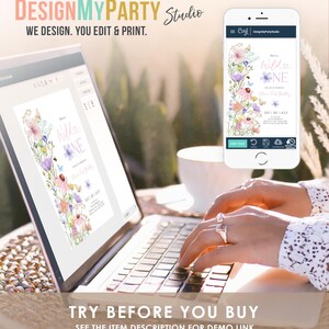 May include: A laptop screen displaying a digital invitation with a floral design and the text "Wild One" for a first birthday party. The invitation is being edited on a website called DesignMyParty Studio. The text "Try Before You Buy" is displayed below the laptop.