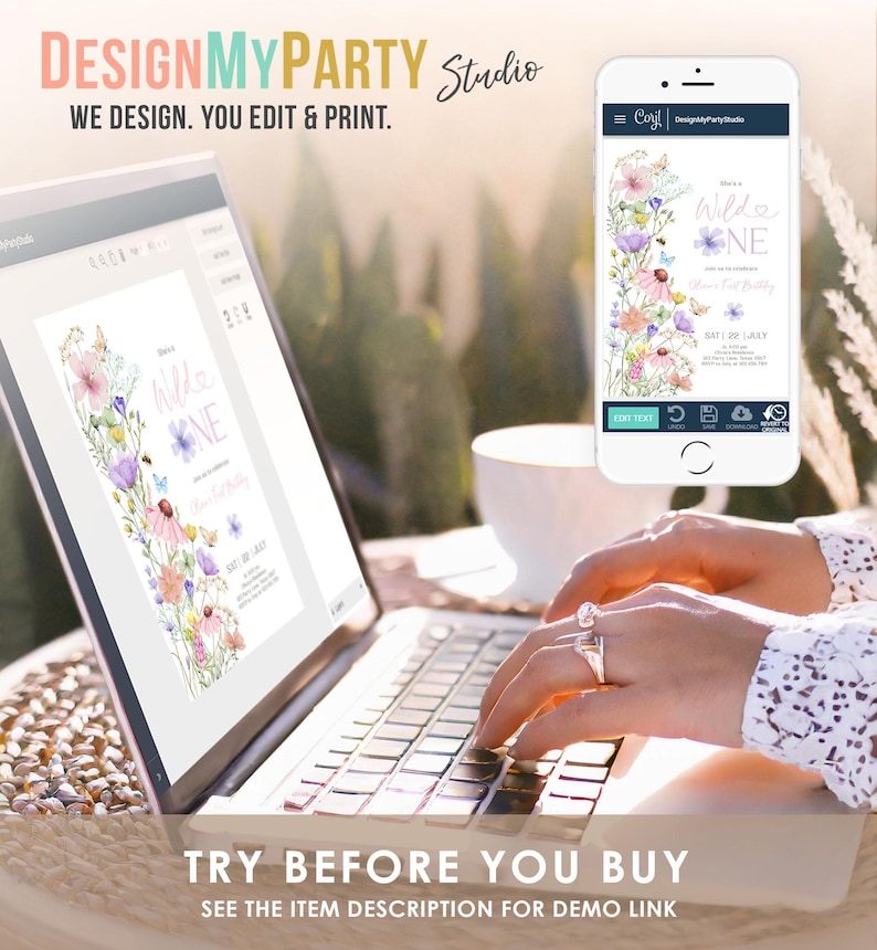 May include: A laptop screen displaying a digital invitation with a floral design and the text "Wild One" for a first birthday party. The invitation is being edited on a website called DesignMyParty Studio. The text "Try Before You Buy" is displayed below the laptop.