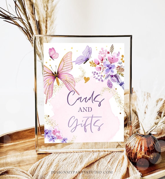 Butterfly Baby Shower Sign Cards and Gifts Table Decor Floral Butterfly Birthday Table Decor Girl Purple Digital Download Printable 0437