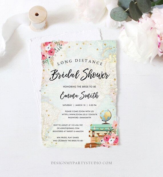 Editable Long Distance Bridal Shower Invitation Travel Pink Floral Virtual Shower By Mail Globe