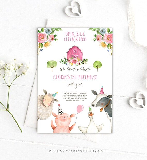 Girl 1st Birthday Farm Animals Invitation Printable Farmyard Party ...
