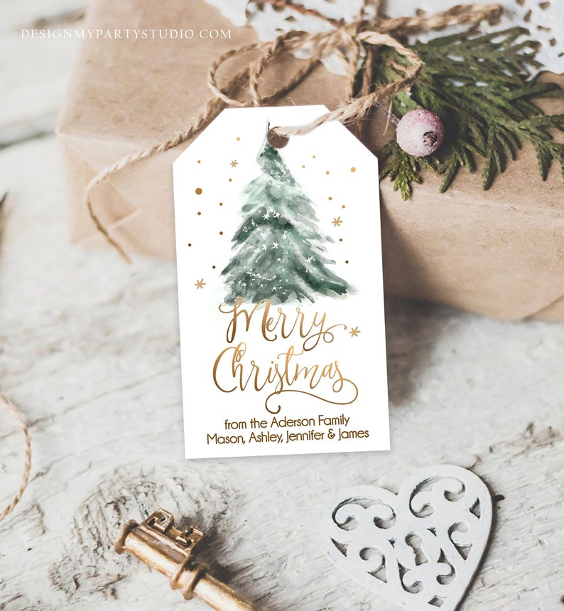 Editable Christmas Favor Tags Holiday Gift Tags Merry Christmas Holiday Tags Holiday Labels Tree Gold Download Printable Corjl 0363 0443 image 1