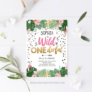 Editable Wild and Onederful Birthday Invitation Girl Wild One Safari Tropical Pink Gold Jungle First Birthday Corjl Template Printable 0332 image 3