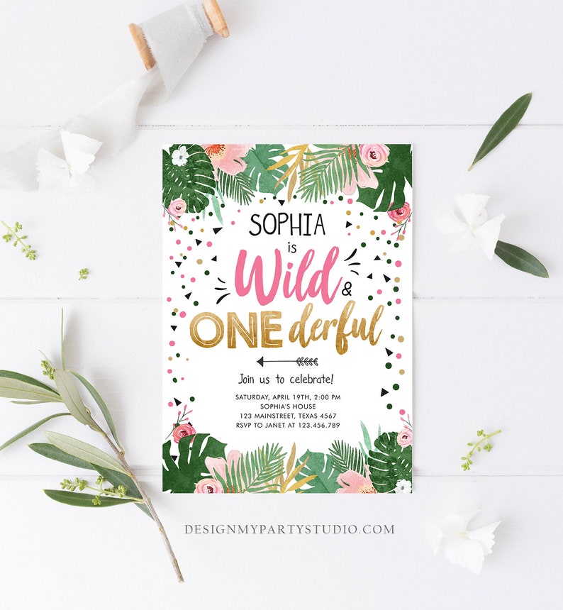 Editable Wild and Onederful Birthday Invitation Girl Wild One Safari Tropical Pink Gold Jungle First Birthday Corjl Template Printable 0332 image 3