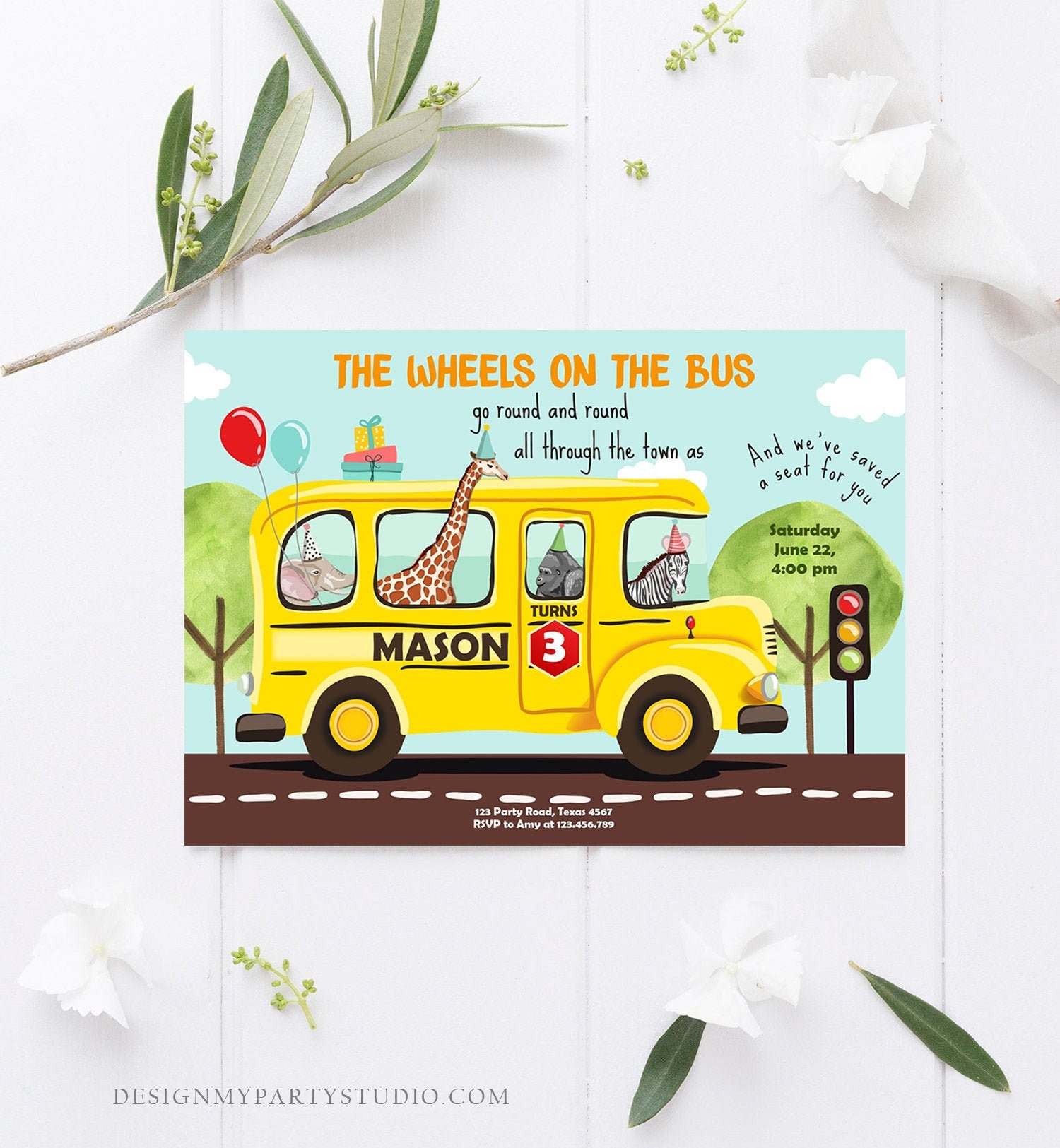 Editable Wheels on the Bus Birthday Invitation Bus Party Etsy India
