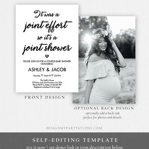 May include: A black and white printable baby shower invitation with the text "It was a joint effort so it's a joint shower" and a heart symbol. The invitation is for a couple, Ashley and Jacob, and includes the date, time, and location of the shower. The invitation also includes a photo of a pregnant woman in a field.