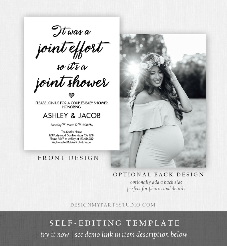 May include: A black and white printable baby shower invitation with the text "It was a joint effort so it's a joint shower" and a heart symbol. The invitation is for a couple, Ashley and Jacob, and includes the date, time, and location of the shower. The invitation also includes a photo of a pregnant woman in a field.