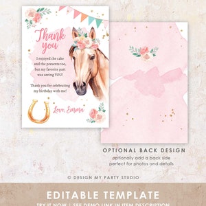 Editable Horse Birthday Thank You Card Card Girl Horse Party Cowgirl ...