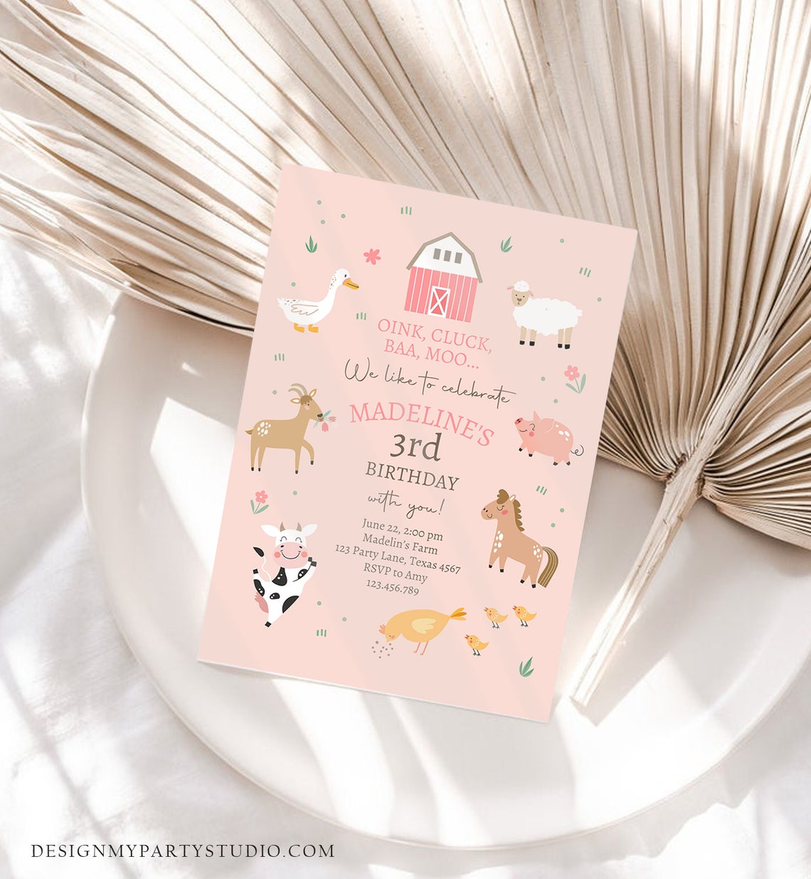 Editable Farm Birthday Invitation Girl Farm Animals Pink Barnyard Party ...