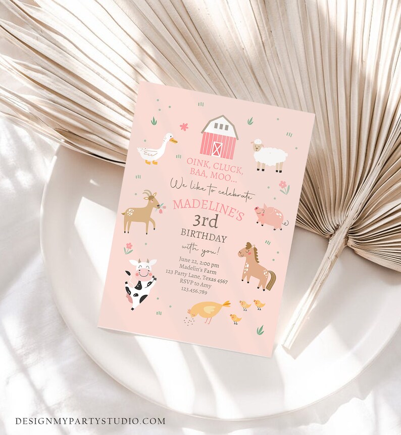 May include: Pink and green farm animal themed birthday invitation with a pink barn, a cow, a pig, a horse, a sheep, a deer, a duck, and a chicken. The text reads "Oink, Cluck, BAA, MOO... We like to celebrate MADELINE'S 3rd BIRTHDAY with you! June 22, 2:00 pm Madelin's Farm 123 Party Lane, Texas 4567 RSVP to Amy 123.456.789"