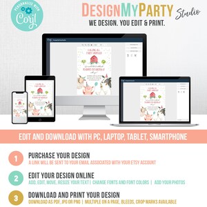 May include: A digital mockup of a printable invitation for a farm-themed birthday party. The invitation features a red barn with a pig, sheep, and cow in front of it. The text on the invitation reads "Calling all party animals!" and "Mason's 1st Birthday".