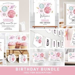 Space Birthday Invitation Bundle Space Party Birthday First Trip Around the Sun Galaxy Girl Astronaut Blast Printable Corjl Template 0357
