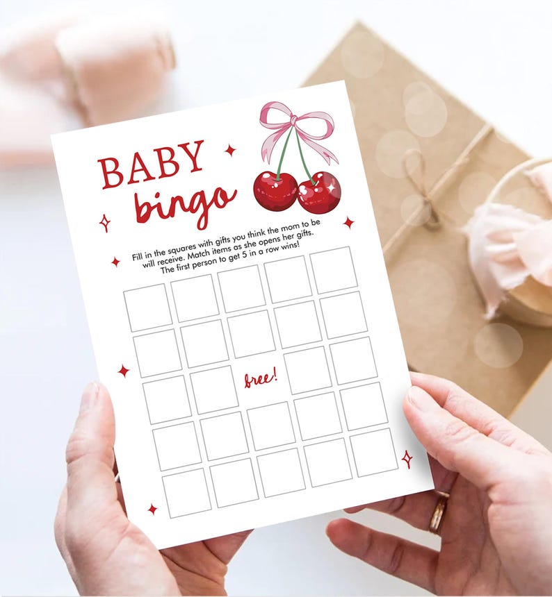 Editable Baby Bingo Baby Shower Game Card Cherry Baby Shower Pink Bow ...