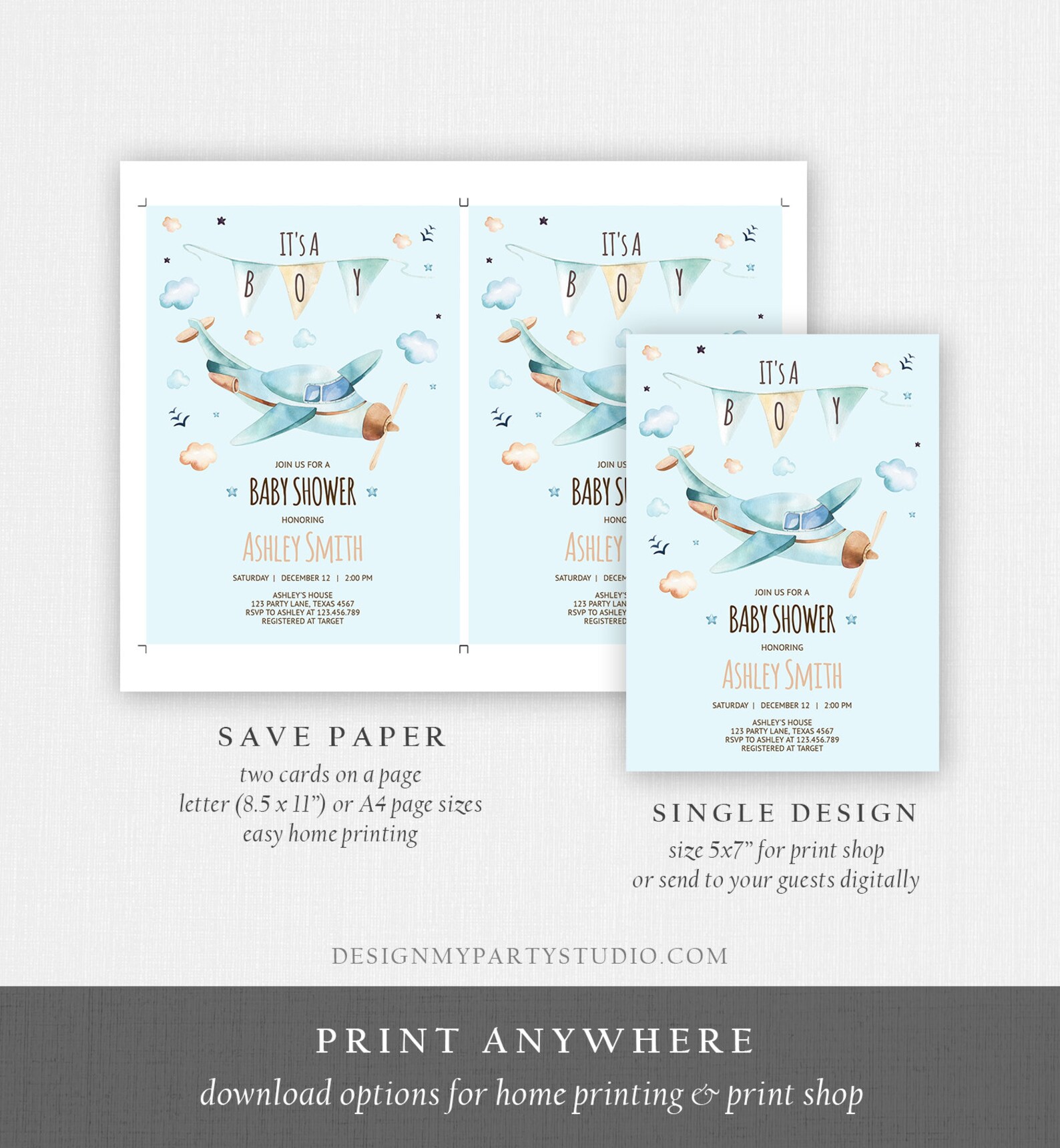 Editable Airplane Baby Shower Invitation Vintage Airplane Blue - Etsy