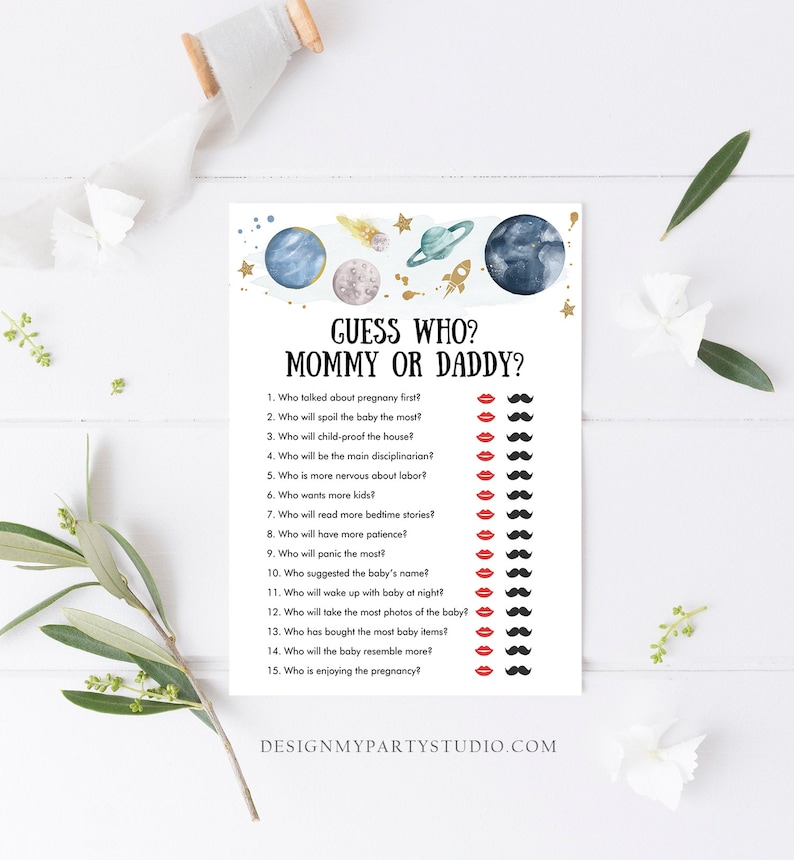Editable Mommy or Daddy Baby Shower Game Guess Who Outer Space Planets Houston We Have a Boy Rocket Activity Digital Template Printable 0357 image 2