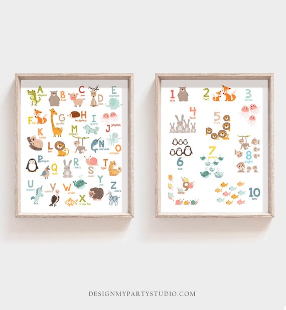 Set of 2 Alphabet Wall Art Alphabet Animals Animal Numbers 3 DIFFERENT SIZES Alphabet Poster Wall Decal ABC Nursery Decor Digital Printable Il_570xn