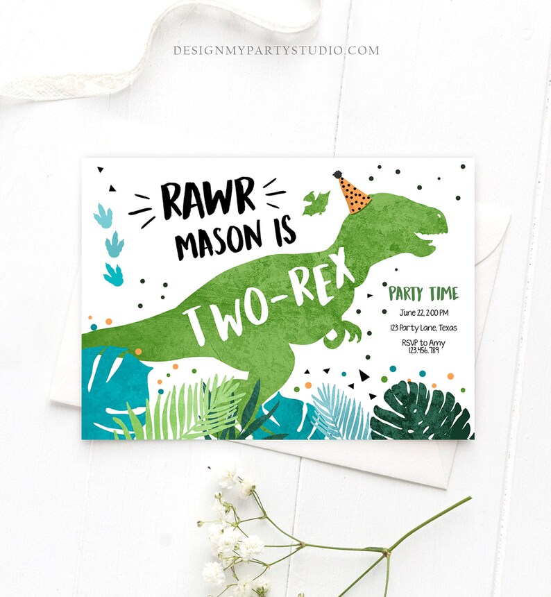 Editable TwoRex Dinosaur Birthday Invitation Dino TRex Second Birthday 2nd RAWR Boy Green Blue Prehistoric Printable Corjl