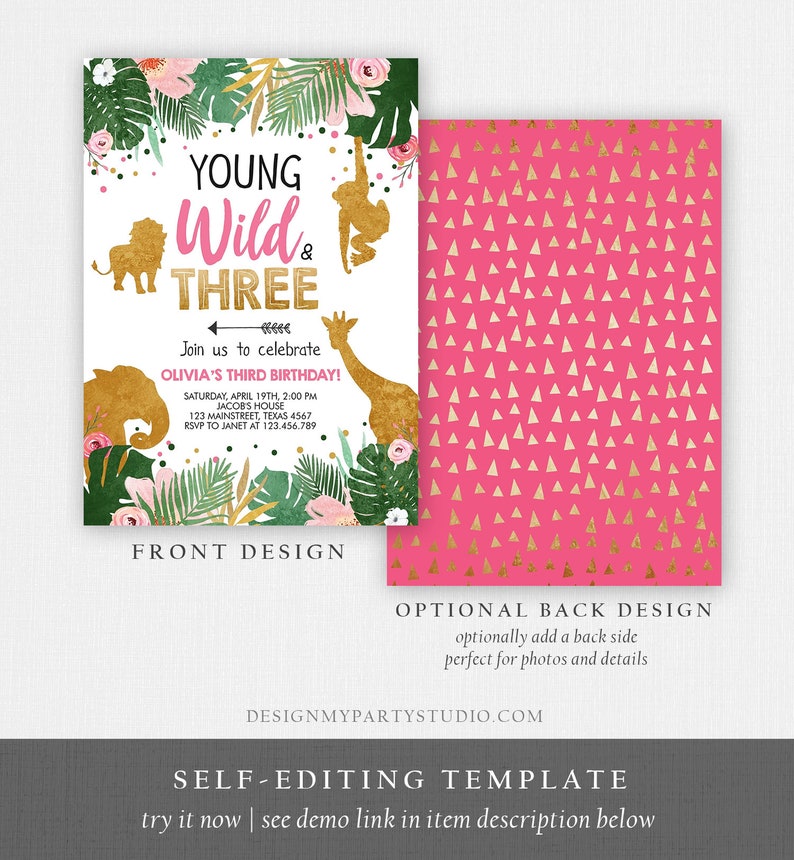 Editable Young Wild and Three Birthday Invitation Animals Invite Party Jungle Safari Pink Gold Download Printable Template Corjl 0016