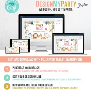 May include: A digital design template for a birthday party invitation. The template features a jungle theme with a pink and gold "Two Wild" text overlay. The design is customizable with text and photos. The image shows the template displayed on a computer screen, tablet, and smartphone.