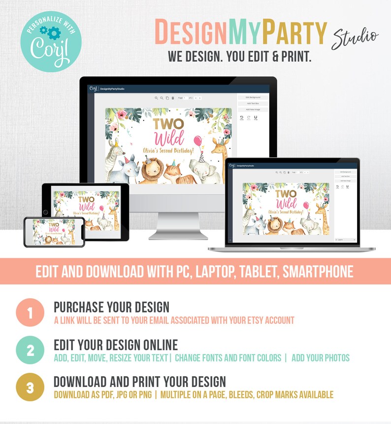 May include: A digital design template for a birthday party invitation. The template features a jungle theme with a pink and gold "Two Wild" text overlay. The design is customizable with text and photos. The image shows the template displayed on a computer screen, tablet, and smartphone.