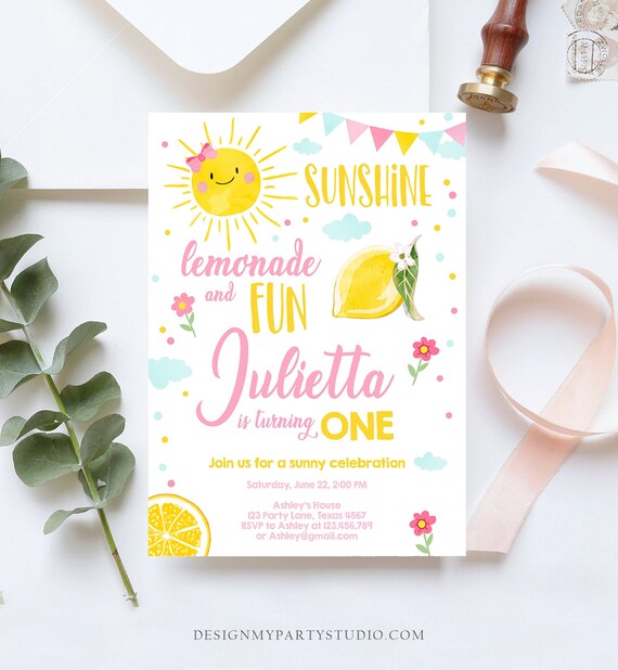 Editable Sunshine Lemonade Birthday Invitation Pink Girl Sunshine Party Lemonade Invitation 1st Birthday Printable Template Corjl 0141 Il_570xn