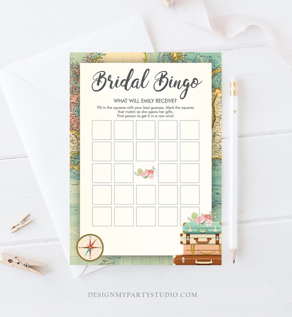 Editable Bridal Bingo Bridal Shower Game Travel Wedding Shower Activity Rustic Suitcases Vintage Map Party Corjl Template Printable 0044 Il_570xn