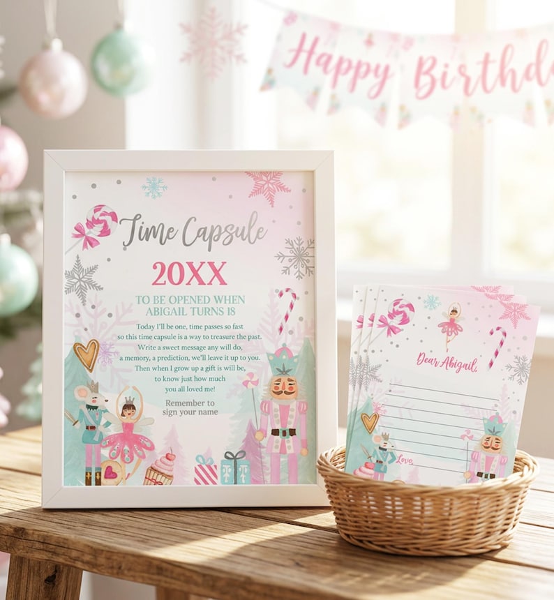 May include: A white framed sign titled Time Capsule 20XX with text instructions for Abigail's 18th birthday, featuring illustrations of a nutcracker, ballerina, mouse, and candy. Beside it, a wicker basket holds matching stationery cards.
